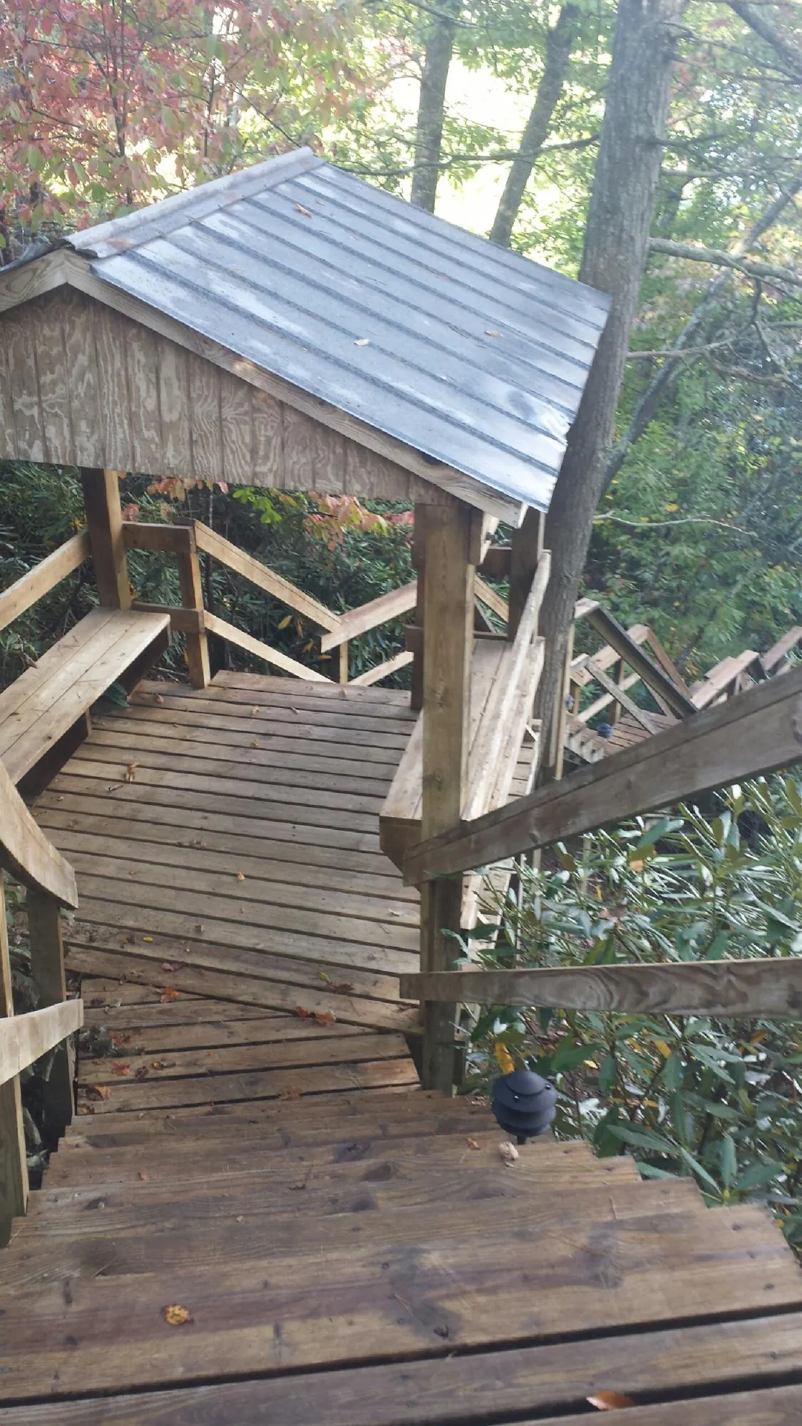 Metal roofed shelter over wooden steps on a wooded walkway — Skylight Repair & Installation work by our crew in West Terre Haute